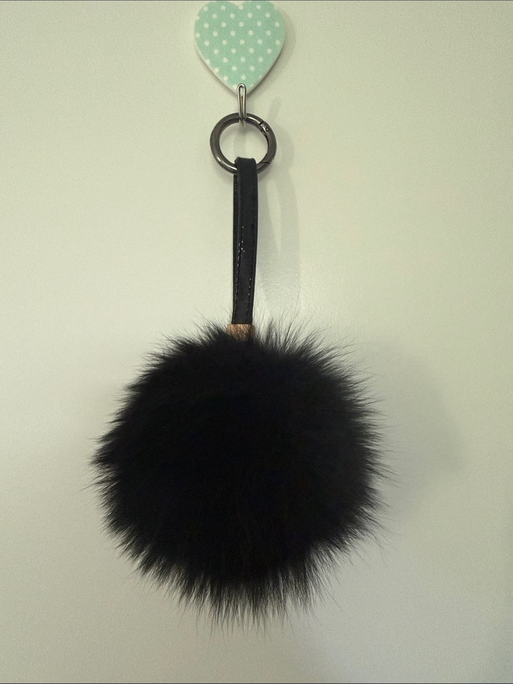 Black Fluffy Pom-Pom Keychain with Leather Strap